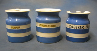 3 circular Cornish storage jars - Castor Sugar, Flour and Plain Flour (all damaged)