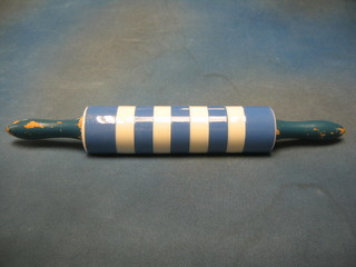 A T G Greener blue and white striped Cornish kitchenware rolling pin marked T G Greener & Co Ltd