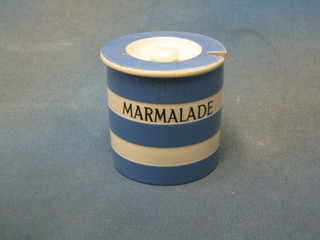 A circular T G Greener blue and white striped Cornish kitchenware marmalade jar and cover, base with green T G Greener church mark (some contact marks to lid) 4"