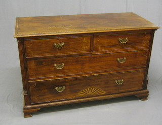 A Victorian inlaid and crossbanded oak chest of 2 short and 2 long drawers by Gillows with pierced brass drop handles, raised on ogee bracket feet 48"