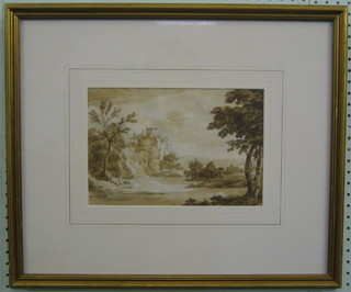 Richard Cooper, 18th Century School watercolour "Castle in Distance with Trees" 8" x 11"