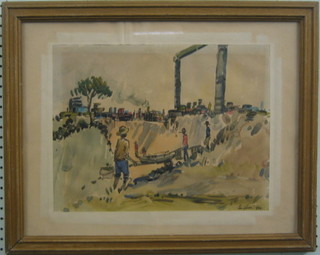 Bustoon, Continental impressionist watercolour "Gold Mine with Figures" 12" x 15" signed and dated 1964