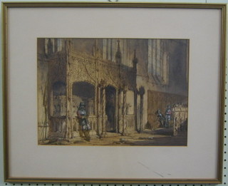 18th Century watercolour drawing "Church Interior with Standing Round Heads by Tomb" 10" x 14"