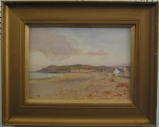 Victorian watercolour drawing "Coast Guard Cottage, Moorland in Distance" monogrammed MB 10" x 14" contained in a decorative gilt frame