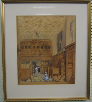 J Nash, 18th Century watercolour drawing "Interior View of a Private Chapel with Figures, Child and Dog" 15" x 13", signed