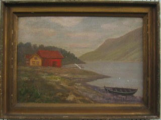 Oil painting on board "Loch with Boat House and Fishing Boat" 15" x 21" signed and dated 1921
