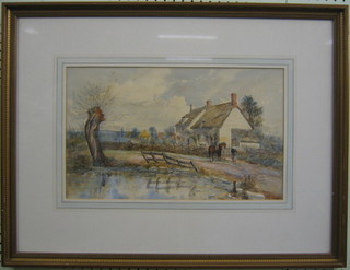 19th Century watercolour "Thatched Cottage with Figures, Haystacks and Pond" 11" x 17"