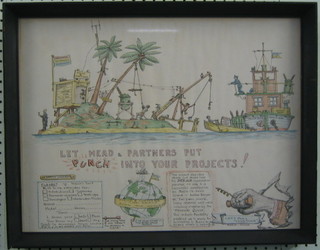 In the manner of Heath Robinson, humerous watercolour cartoon "Let Mead & Partners Put Punch into Your Products" by Gerald Jackson 15" x 20"
