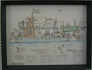 In the manner of Heath Robinson, humerous watercolour cartoon "Mead's Cruises, Meadway Queen" by Gerald Jackson 15" x 20"