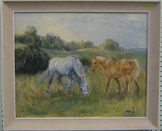 G M Duff, oil painting on board "Ponies at Lillington" 15" x 19"