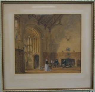 18th Century watercolour "Cromwellian Interior Scene with Figures and Dog in a Panelled Room" 13" x 14"