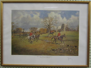 Limited edition coloured print after G King "Crawley and Horsham Hunt, Hunting Below The Ruins of Knepp Castle Sussex" signed, 12" x 18"