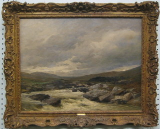 David Bates, oil painting on canvas "A Spate on the Spean" signed and dated David Bates 1907 (small hole), 13" x 17" (removed from a Sussex Manor House)