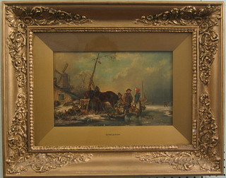 Gyselmann, 19th Century oil painting on canvas "Frozen Lake with Figures Skating, Tethered Horse Sleigh and a Windmill" 7" x 11"