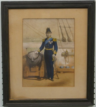 A 19th Century coloured print "Royal Naval Captain Aboard a Ship" 9" x 7"