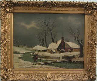 18th/19th Century Continental School, naive oil painting on metal panel "Snowy Landscape with Cottage and a Walking Figure" 13" x 17"
