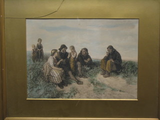 A 19th Century coloured print "Seated Cornish Fisherfolk" 11" x 14"