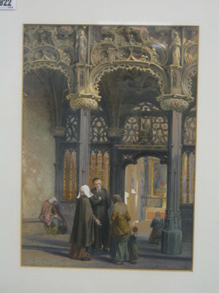 L Haghe, 19th Century Continental watercolour "Interior of a Church with Priest and Figures" signed and dated 1862 14" x 10"