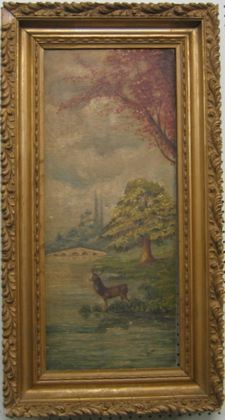 A W Scottor, Victorian oil painting on board "River with Stag" 24" x 10"