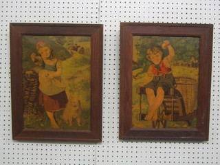 A pair of Victorian coloured prints "Child, Apple and Cherry Pickers" 14" x 10" contained in oak frames