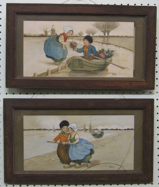 Hardy, a pair of 1930's coloured prints "Dutch Boy and Girl" contained in oak frames 6" x 12"