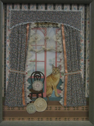Janice Thomson, oil painting and collage "Cat Sitting in a Window - Treacle" 8" x 11"