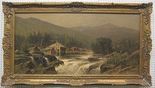 W H Wiseman, oil painting on canvas "American Valley with Torrent and Buildings and Mountains" 19" x 39"
