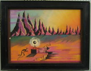 Donald Rowberry, modern art watercolour, "Mythical Figure Praying to a Deity with Mountains in the Distance" 14" x 18"