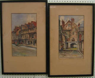 R M Dackay, pair of watercolour drawings "Street Scenes with Figures" 11" x 7"