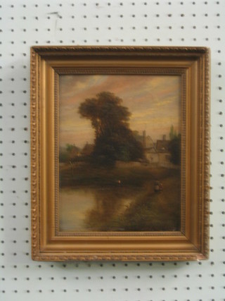 19th Century oil painting on card "Old Mill Near Dorking" reverse marked B Y A Vicats, 9" x 7"