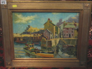 Trevelyan, impressionist oil on board "Harbour Scene with Fishing Boats" signed and dated 1947 12" x 15"