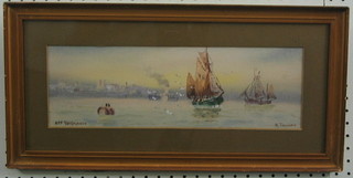 A Tucker, watercolour "Off Yarmouth with Paddle Steamers and Barges" 5" x 15"