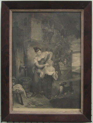 18th Century monochrome print "Washing the Boy" 12" x 9" contained in a rosewood frame