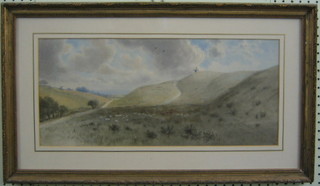 19th Century watercolour drawing "Downland Scene with Flock of Sheep and Windmills" 9" x 20"