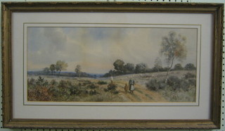 19th Century watercolour drawing "Country Lane with Figures Walking and Sheep" 9" x 20"