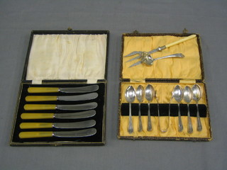 A set of 6 silver plated tea spoons and tongs, a set of 6 tea knives, cased, a silver sifter spoon and a break fork with ivory handle