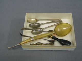 A wooden and brass seal, a horn spoon, silver teaspoons and a pair of sugar tongs
