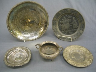 An Eastern engraved silver twin handled sugar bowl, silver plated dish, 2 Eastern dishes and 2 other dishes