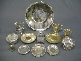 A silver plated hip flask, a circular silver plated dish and minor silver plated items