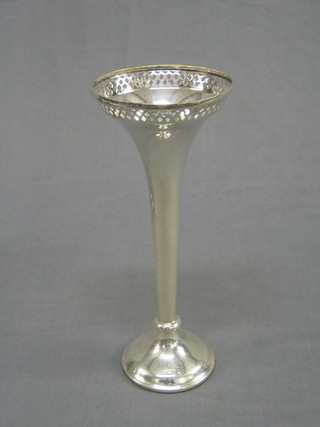 A silver trumpet shaped vase with pierced rim 9"