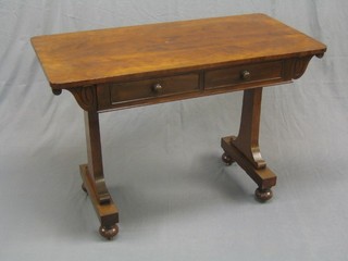 A William IV plum pudding mahogany side table, fitted 2  frieze drawers and raised on standard end supports 42"