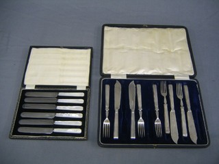 6 tea knives with mother of pearl handles together with a set of 4 Art Deco silver plated fish knives and forks, cased