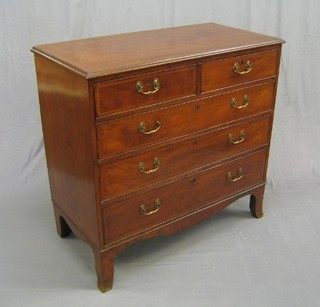 A 19th Century inlaid mahogany chest of 2 short and 3 long drawers with brass swan neck drop handles, raised on splayed bracket feet 40"