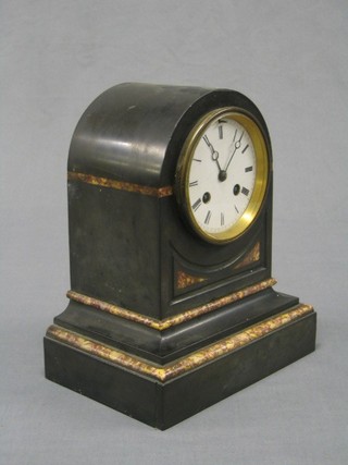 A Victorian 8 day striking mantel clock with porcelain dial, Roman numerals contained in an arched 2 colour marble case