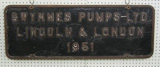 A brass pump engine plaque marked G Wynnes Pumps Ltd of Lincoln and London 1951 (NB reputed to have been used on an engine at the Festival of Britain) 33"