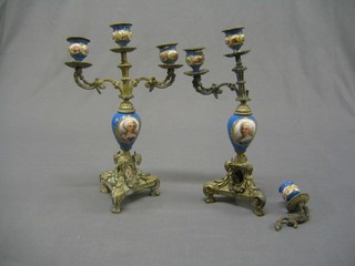 A pair of 19th Century French gilt ormolu and Sevres porcelain 3 light candelabrum 30" (some damage, 1 branch heavily f)
