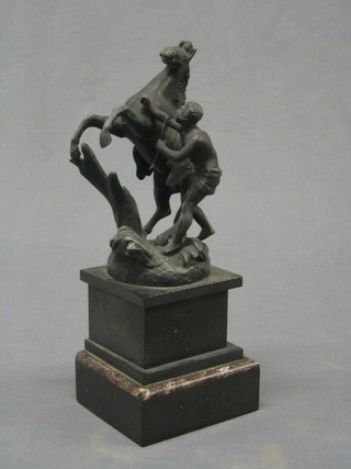 A Victorian spelter Marley horse raised on a 2 colour veined marble base 12"