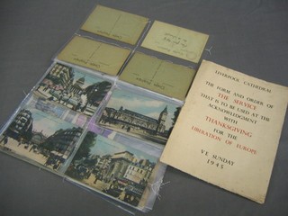 A small collection of coloured postcards and an Order of Service for Liverpool Cathedral Service of Thanks Giving 1945