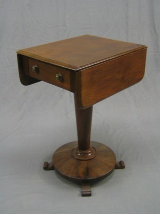 A William IV mahogany drop flap pedestal work table fitted a drawer, raised on a tapering column and circular platform base with scroll feet 20"