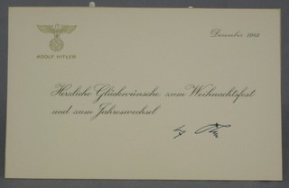 2 Adolf Hitler Christmas compliment cards dated 1942 5" x 8"
